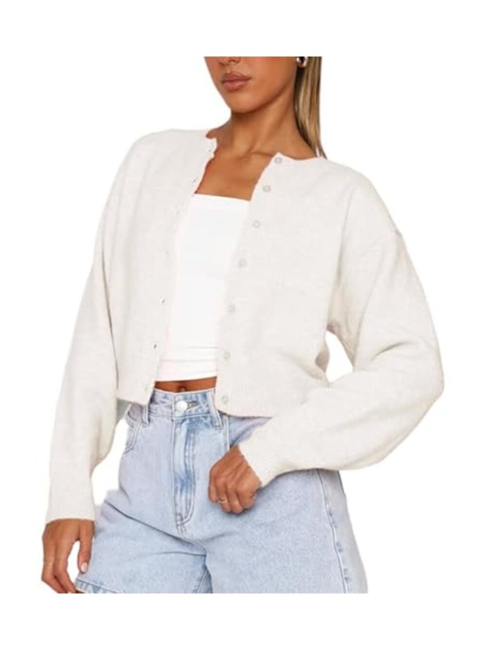 Women's Cropped Cardigan Button Down Long Sleeve Knit Sweater Y2K